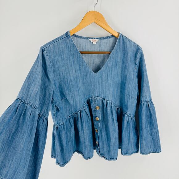 Boutique Fosh Chambray Peplum Blouse Long Bell Sleeve V-Neck Denim Top Size L - Picture 4 of 7